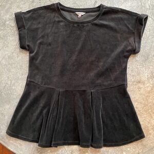 Juicy Couture Vintage Y2K Black Velour Ruffle Peplum Short Sleeve Blouse Top XS